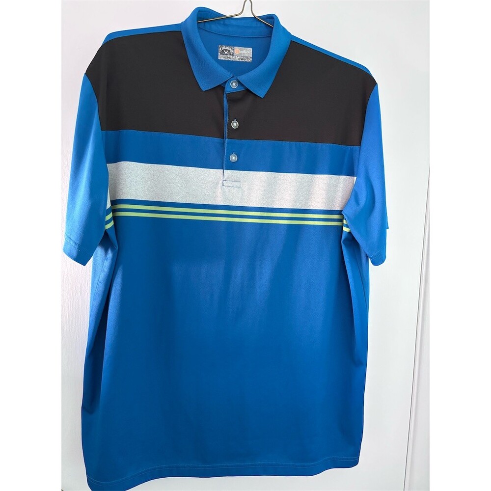 Callaway Golf Polo Shirt Mens L Blue Colorblock Striped Short Sleeve